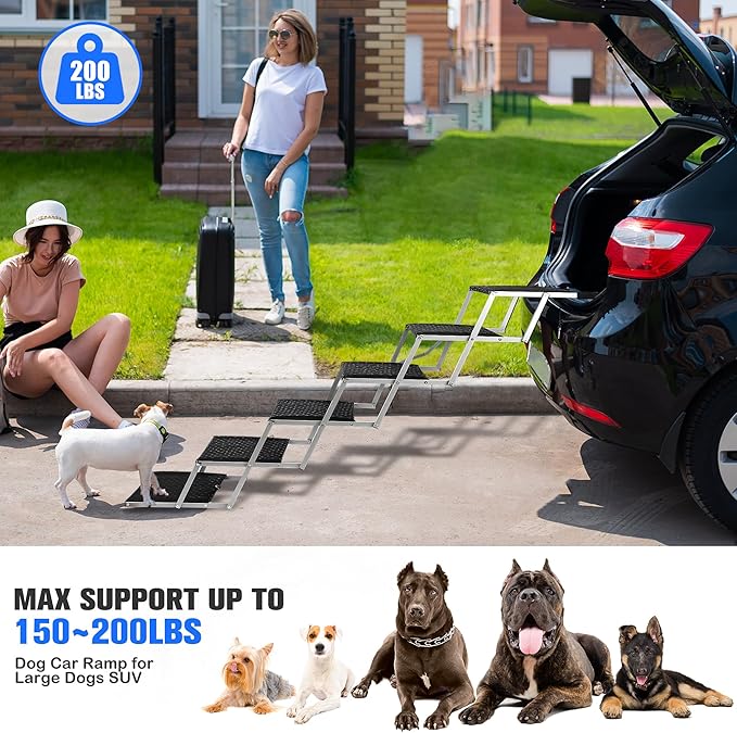 Niubya Dog Ramps for Cars, Portable Folding Dog Stairs for Cars, SUV, Trucks, Lightweight Pet Ramp for Large Dogs with Non-Slip Surface, Reinforced Pet Steps Supports Up to 200 lb, 6 Steps