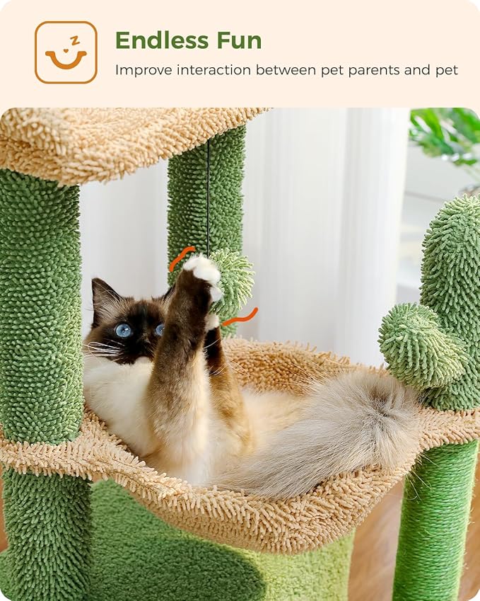 PEQULTI 4-in-1 Cactus Cat Tree, 33'' Cat Tower for Indoor Cats with Large Condo, Cat Scratching Post for Cats with Deep Hammock& Cozy Top Perch,Green