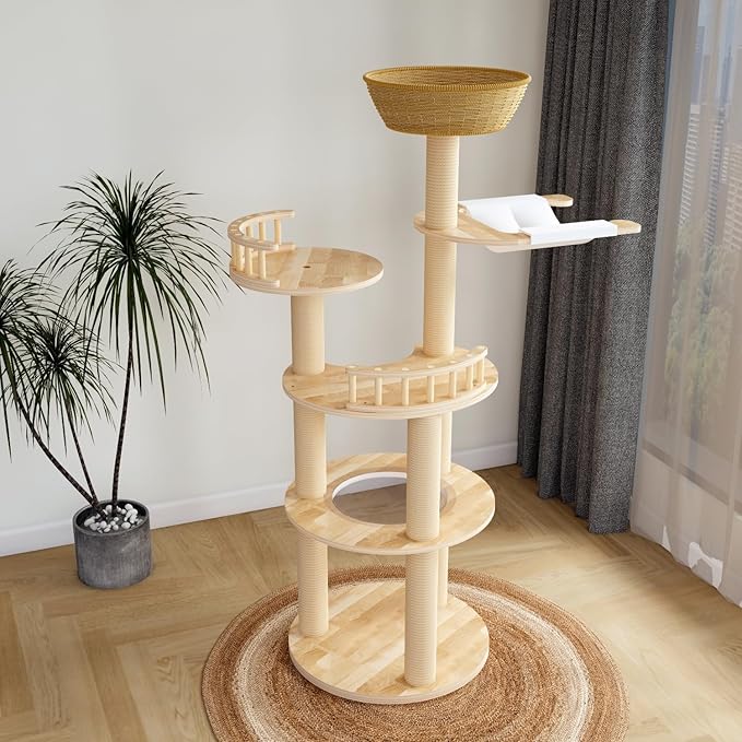Modern Wood Cat Tree for Large Cats,Luxury Rattan Oak Cat Trees Towers,Rattan Cat Tree with Capsule &Hammock,3 Weaving Cat Nests & Washable, Sisal Scratching Posts, for Indoor Cats, (Large 02)
