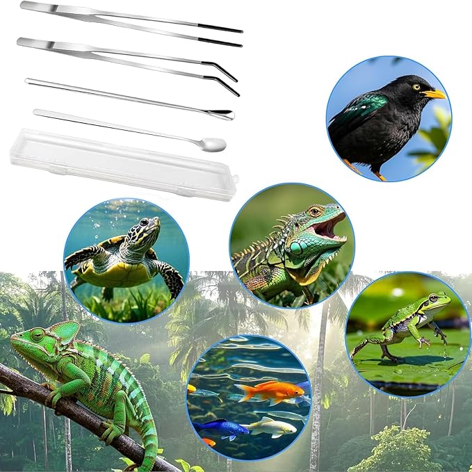 4PCS-Rubber Tip Feeding Tongs for Reptiles Extra Long Stainless Steel Reptile Feeding Tongs Terrarium Tools Feeder for Lizards Bearded Dragon Snake Enclosure Tank Accessories