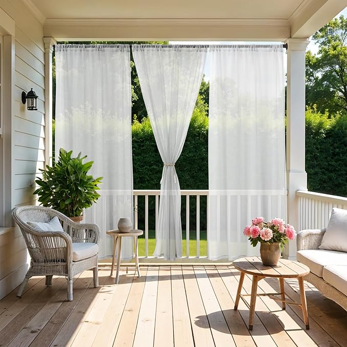 All Weather White Outdoor Sheer Curtains for Patio Waterproof 6 Pcs Rod Pocket Indoor Sheer Voile Curtains for Porch, Balcony, Gazebo, Pergolas, 54x108 Inch, 6 Panels