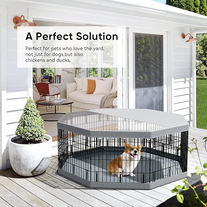 PJYuCien Dog Playpen, 8 Panels 24”H Dog Playpen Indoor with Grey Bottom Pad and Top Cover, Metal Foldable Dog Pen for Indoor Use, Only for Small Medium Animals, Grey