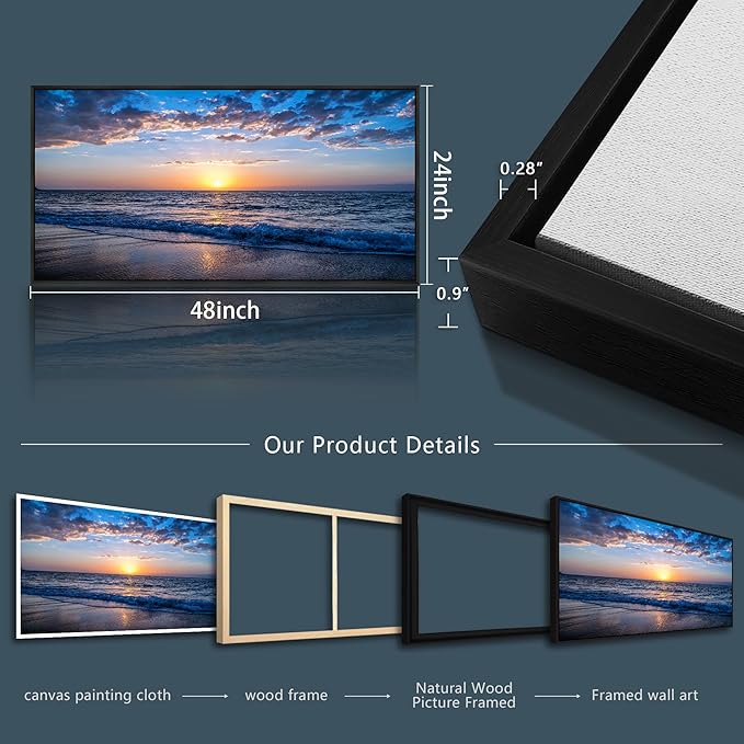 Wapluam Black Framed Wall Decor For Bedroom Large Canvas Wall Art For Living Room Office Wall Decorations Blue Ocean Wall Painting Sea Beach Seascape Pictures Fashion Artwork Hotel Room Home Decor