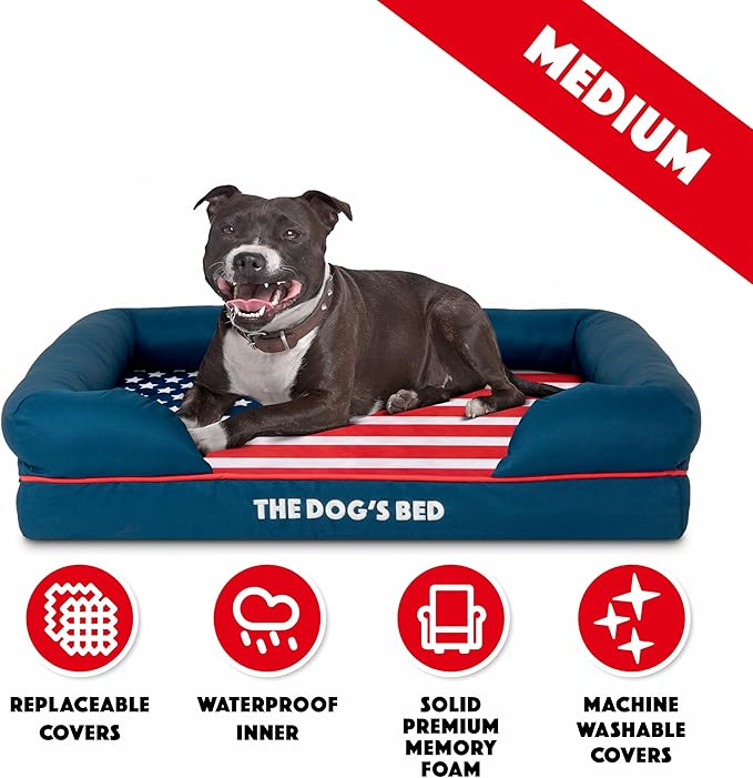 The Dog’s Bed, Medium Blue Oxford with Red Trim USA Flag Dog Bed with Central Flag 30x23.5, Memory Foam, Pain Relief, Post Surgery, Waterproof Washable Cover Cover, Veterinary Approved