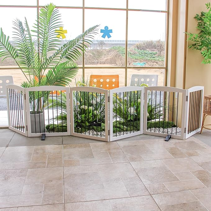 Freestanding Panel Dog Gate for Indoor Doorways, Stairs, or Hallways, Foldable Wooden Pet Gate, Support Feet Included, 24" Height-6 Panels, White