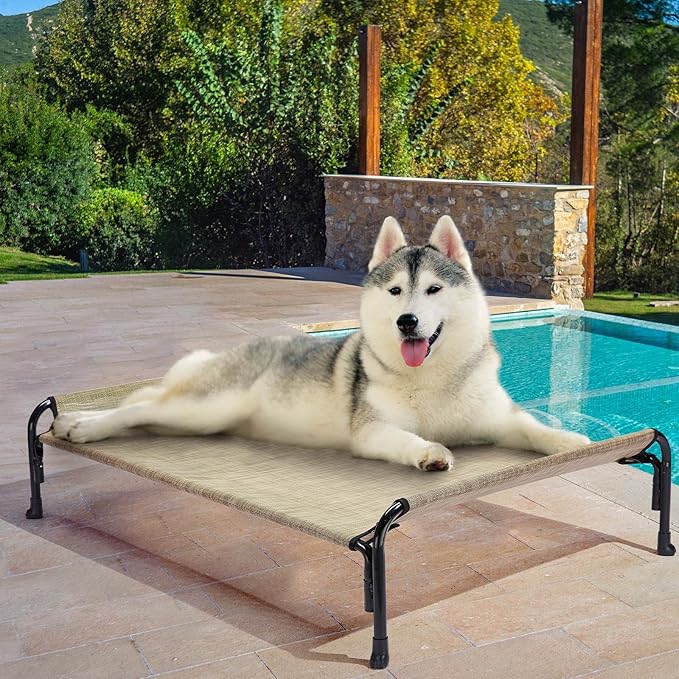 Veehoo XL Outdoor Elevated Dog Bed, Raised Dog Cot for Extra Large Dogs, Cooling Washable Waterproof Pet Hammock Beds with Slope Headrest, Breathable Mesh and Sturdy Frame, X-Large, CWC2204