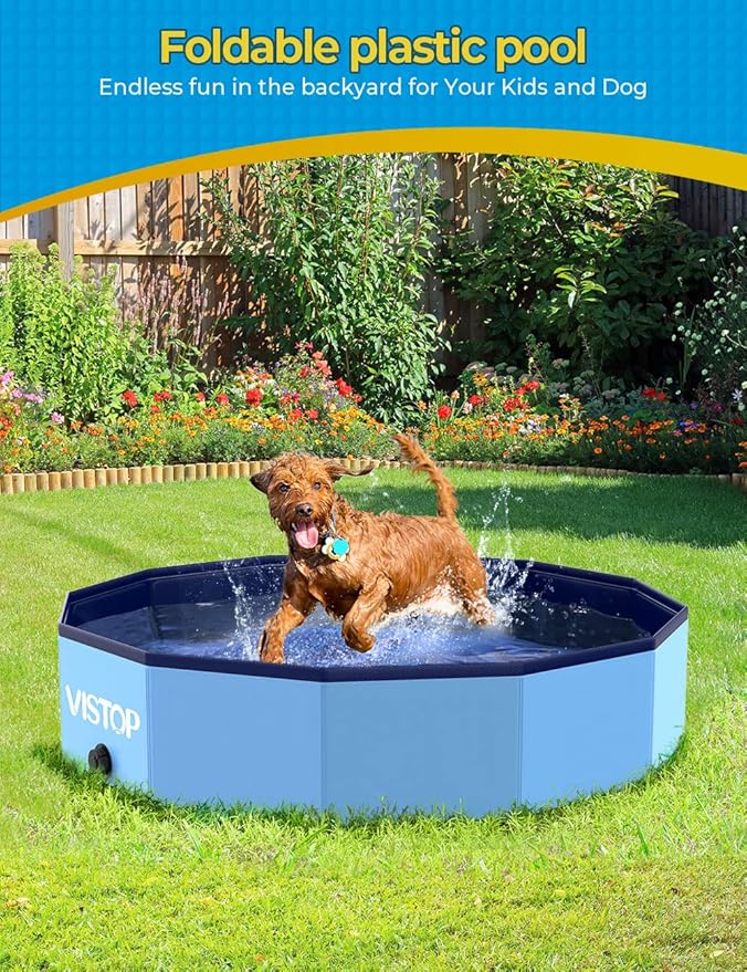 VISTOP Medium Foldable Dog Pool, Hard Plastic Shell Portable Swimming Pool for Dogs Cats and Kids Pet Puppy Bathing Tub Collapsible Kiddie Pool (37 inch.D x 7.8inch.H, Blue)