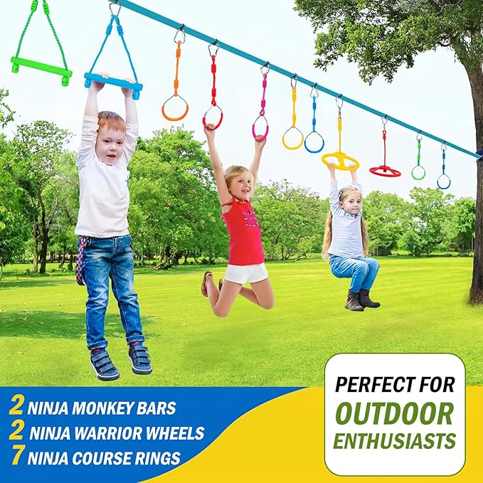 Ninja Obstacle Course Attachments - 7 Course Rings, 2 Monkey Bars, 2 Warrior Wheels, Outdoor Training Set