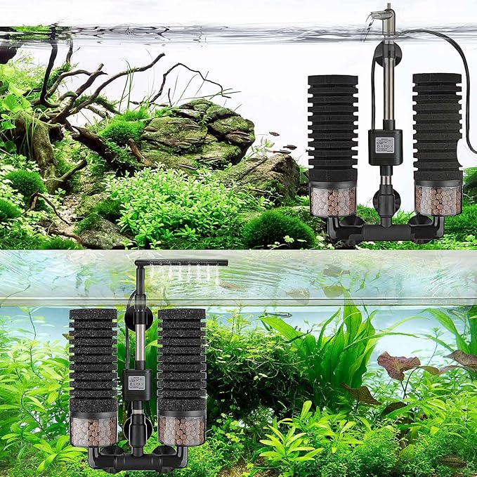 Upgrade Aquarium Electric Power Sponge Filter with Submersible Pump ,Ultra-Quiet Motor with Bio Ceramic Media Balls and 2 Spare Sponge (L for 20-55 Gal)