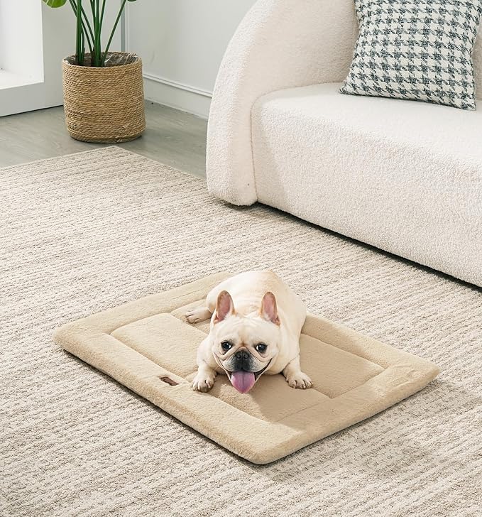 MADE 4 PETS Dog Crate Pad Bed for Small Dogs, Washable & Reversible, Anti-Slip Kennel Mat for Cozy Sleeping, Soft Fluffy Dog Bed for Indoor & Outdoor Use, 24"x18", Beige