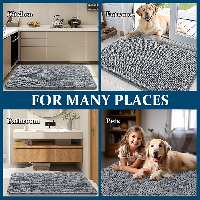 OLANLY Dog Door Mat for Muddy Paws 54x32, Absorbs Moisture and Dirt, Absorbent Non-Slip Washable Doormat, Quick Dry Chenille Mud Mat for Dogs, Entry Indoor Entryway Carpet for Inside Floor, Grey