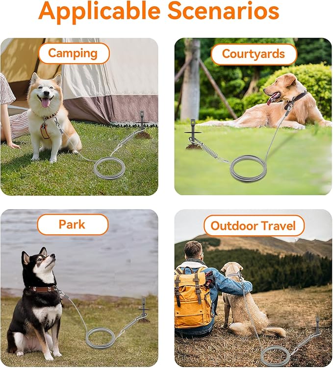 Heavy Duty 30FT Dog Tie Out Cable and Stake,360°Swivel Screw in Spike Auger Ground Stake Anchors for Large Medium Medium up to 220 lbs,Dog Outside Lead Cable for Yard, Lawn Beach, Camping