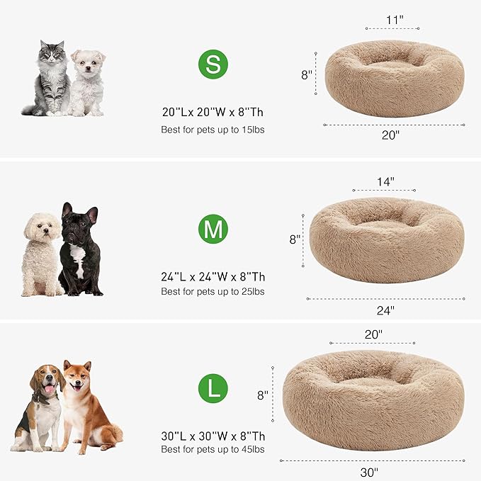 Love's cabin Calming Cat Bed for Indoor Cats,Anti-Anxiety Donut Round Dog Bed,Fluffy Faux Fur Washable Pet Bed for Small Medium Dogs and Cats,Taupe,24in