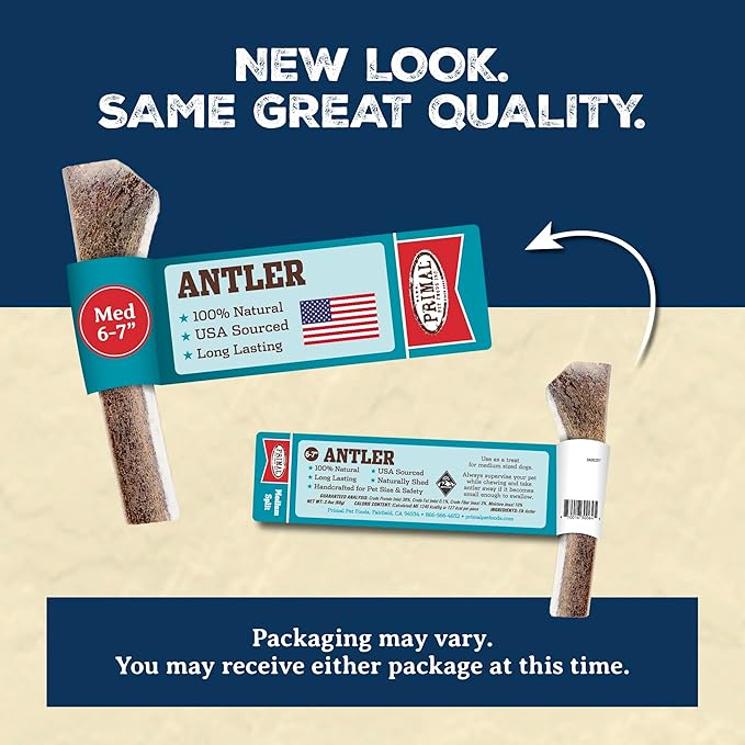 Primal Antlers for Dogs, Grade A Split Elk Antlers for Medium Canines 15-30 lb, Natural Chews for Aggressive Chewers, Naturally Shed, Long Lasting Dog Bones, 1 ct