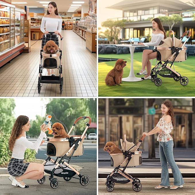Kenyone 3-in-1 Pet Stroller for Small Medium Dogs Puppy Cat Stroller with Detachable Carrier & Pad Lightweight Foldable Aluminum Alloy Frame Dual No-Zip Entry(Khaki)