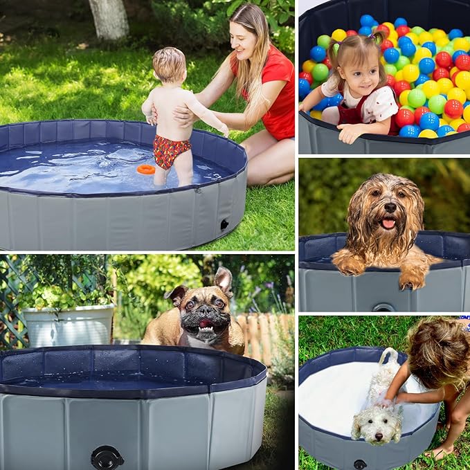 Foldable Dog Bath Swimming Pool Plastic Kiddie Pool Professional Tub Collapsible Grooming Bathtub for Pets Kids Baby and Toddler, 32 x 8 Inches Gray