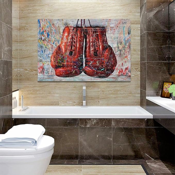 Quorin Banksy Graffiti Boxing Wall Art Red Boxing Gloves Pictures Gym Sport Wall Decor Canvas Print Painting Artwork for Gym Living Room Bedroom 16"x24"