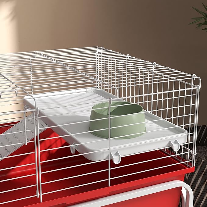 PawHut Two-Story Small Animal Cage Removable from Stand, Guinea Pig Cage with Shelf & Wheels, Pet Habitat for Hedgehog, Chinchilla, Ferret, 39" x 20.5" x 36.5", Red