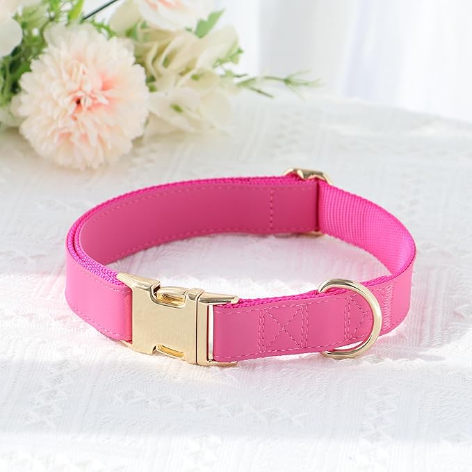 PET ARTIST Soft PU Leather Dog Collar, Bright & Stylish Hot Pink Dog Collar Girl with Quick Release Rose Metal Buckle, Nylon Padded Durable Pet Collars Adjustable for Small Dogs, Neck Fit 9-14"