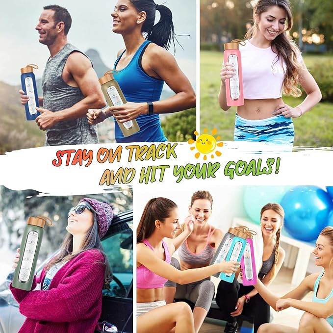 Aqulea Glass Water Bottles 32 Oz with Silicone Sleeve - BPA Free Reusable Wide Mouth Glass Motivational Water Bottles with Fruit Infuser – Leak Proof Borosilicate Water Bottle with Time Marker (Teal)