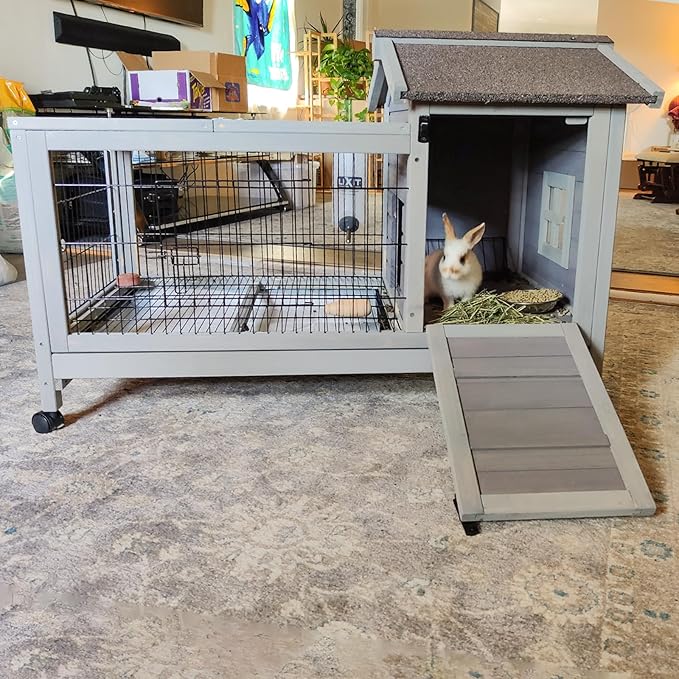 GUTINNEEN Rabbit Hutch Bunny Cage with Removable Wire Floor, Indoor/Outdoor Guinea Pig Cages with Leakproof Pull-Out Tray, 4 Lockable Wheels & Run Space