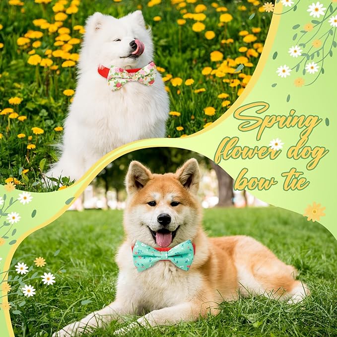Hillban 50 Pieces Floral Collar Dog Bow Ties Flower Dog Collar Accessories Bow Ties Attachment with Elastic Bands Detachable Charms for Pets Accessories Summer Costume