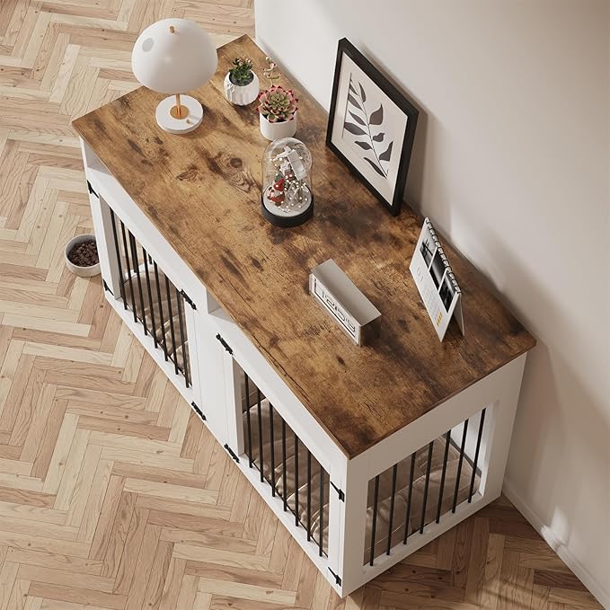 Dog Crate Furniture for 2 Dogs, 55 Inch Dog Crate Indoor with Removable Divider and Shelf Storage, Wooden Dog Crates for Medium/Large Dogs, White
