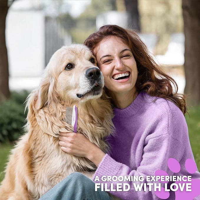 Poodle Pet Dog Combs for Grooming | 2 Pack | Stainless Steel Teeth Easily Remove Dirt | Proper Care Prevents Knots and Mats for Long and Short Haired Pets | Anti-Slip Comfort Grip Handle (Purple)