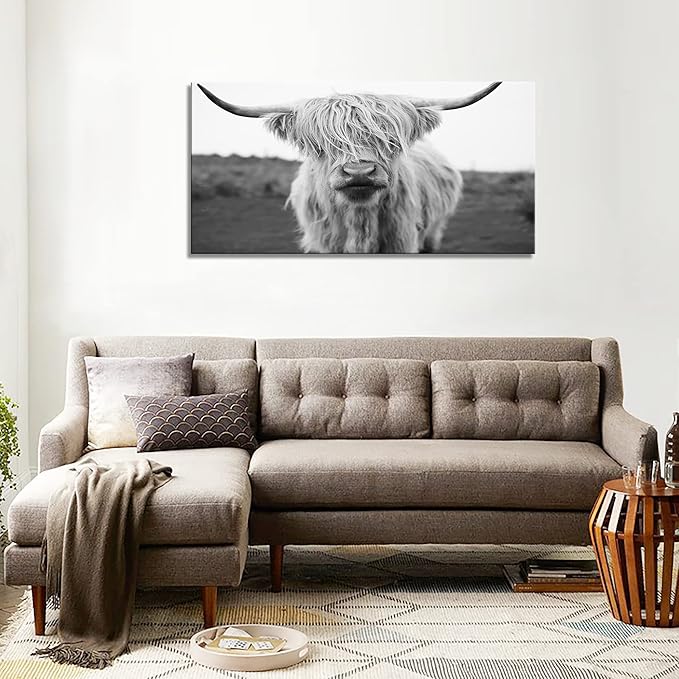 XXMWallArt FC3662 Highland Cow Canvas Art - Black and White Animal Wall Decor for Living Room, Bedroom, Office