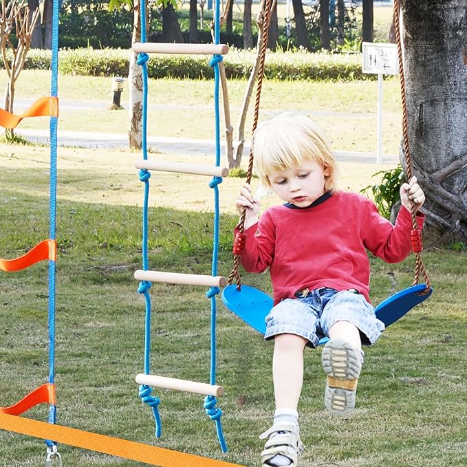 VEVOR Warrior Obstacle Course for Kids, 56FT Slackline with Gym Rings, Monkey Bars, Rope Knots, Portable Outdoor Course Training Equipment Set for Backyard