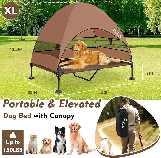 Upgraded Elevated Dog Bed with Canopy, Portable Raised Outdoor Dog Bed with Stable Anti-Slip Feet, Wider Shade Pet Bed Cot, Raised Dog Beds for Large Dogs Camping, Indoor & Outdoor Use