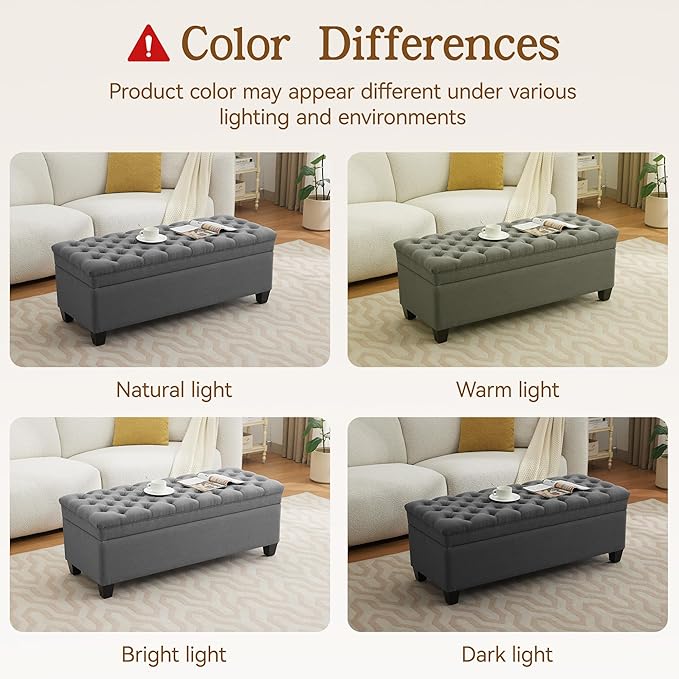 51" Fabric Storage Ottoman Bench, Upholstered Rectangle End of Bed Storage Ottoman Tufted Living Room Bedroom Bench with Safety Hinge, Solid Wood Legs, Loads 500 lb(Dark Grey)