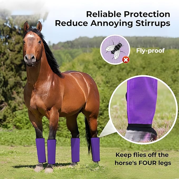 Mesh Horse Fly Boots Set of 4,Adjustable and Universal Loose Fitting & Non-Slip Horse Fly Leggings for Horses,Reduce Stressful Stomping (Purple)
