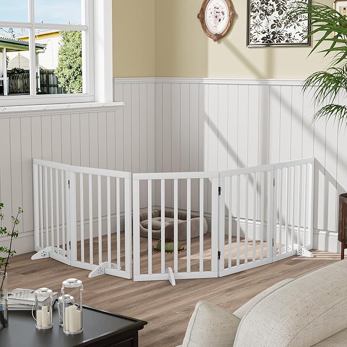 Freestanding Foldable Dog Gate 2 Panel,Fully Assembled Dog Gates for Doorways, Wooden Pet Gates for The House, 24-inch Tall Door Gate Indoor