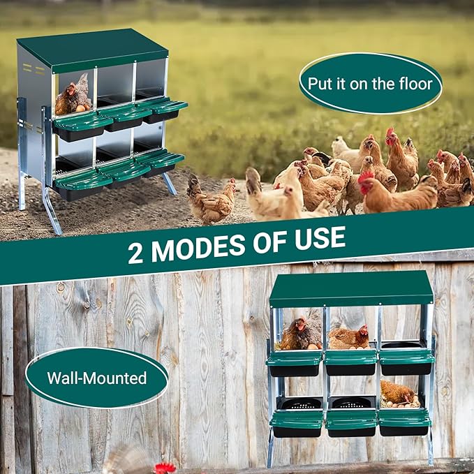 Nesting Boxes for Chickens, Chickens Laying Boxes for Chicken Coop with Legs, 6 Compartments Chicken Nesting Boxes, with Removable Tray, Easy Cleaning, for Hens Outdoor Chicken Coop Farm Yard, Green