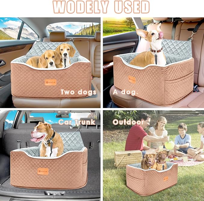 Memory Foam Booster Dog Car Seat Medium Dogs, Elevated Pet Car Seat Under 45 LBS, Detachable Washable, Anti-Slip Dog Booster Seat for Car Back Seat Only, Travel Dog Car Bed, Dog Seat Belt