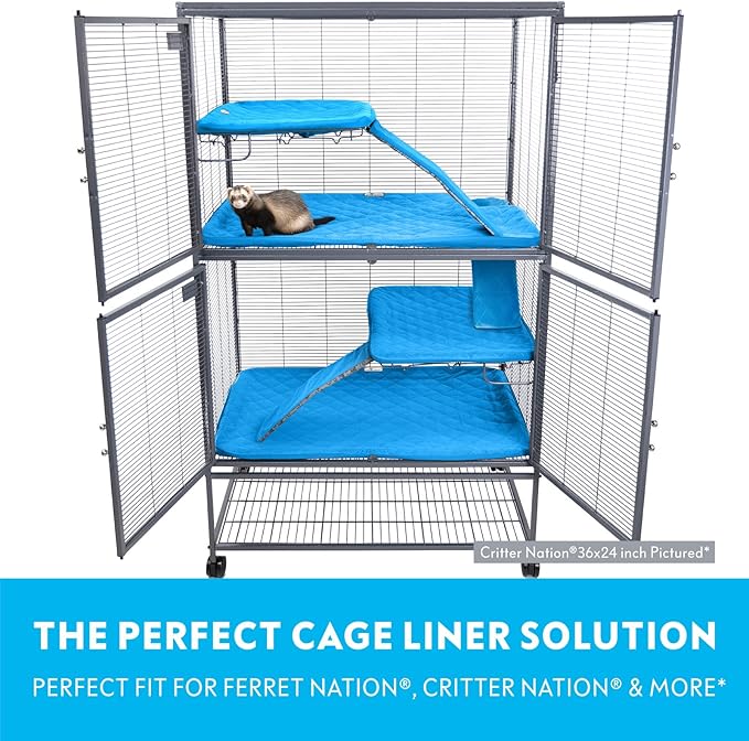Paw Inspired Fitted Fleece Liners for Ferret Nation, Critter Nation Cage for Ferrets, Rats, Chinchillas, Hedgehogs & Other Small Animals (Blue, Double Unit Combo)