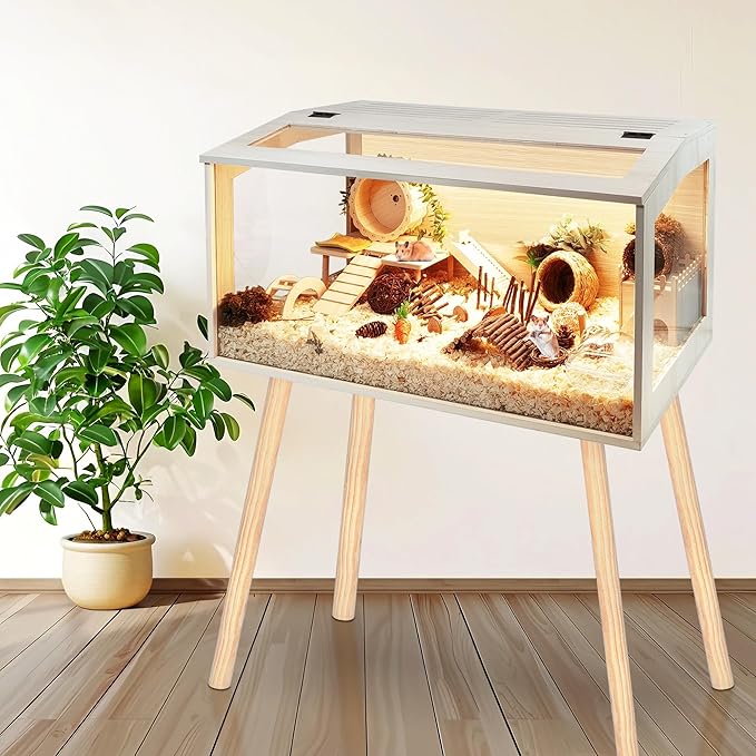 Prolee Hamster Cage Wooden Chew Proof, Extra Large Mice and Rat Habitat Openable Top with Acrylic Sheets Solid Built Small Animal Cage with Leg Stands, 40 Inch Long