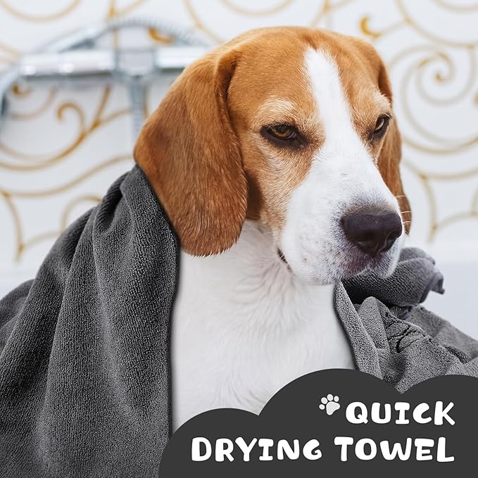 Chumia 4 Pack Dog Towels for Drying Large Microfiber Grooming Tools Absorbent Soft Bath Supplies with Embroidered Paw for Small Medium Pet Products(16 x 32 Inch,Gray, Black)