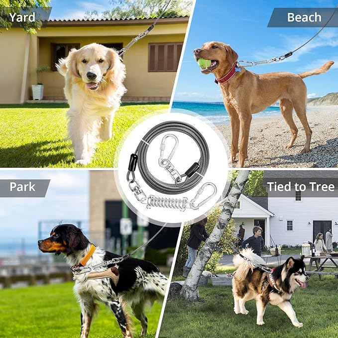 Jenico Dog Tie Out Cable - 10/15/20/30/40/50/70/100/150FT Runner Cable with Swivel Hook and Shock Spring, Outdoor Dog Leash Tether for Yard and Camping, Up to 500 LBS