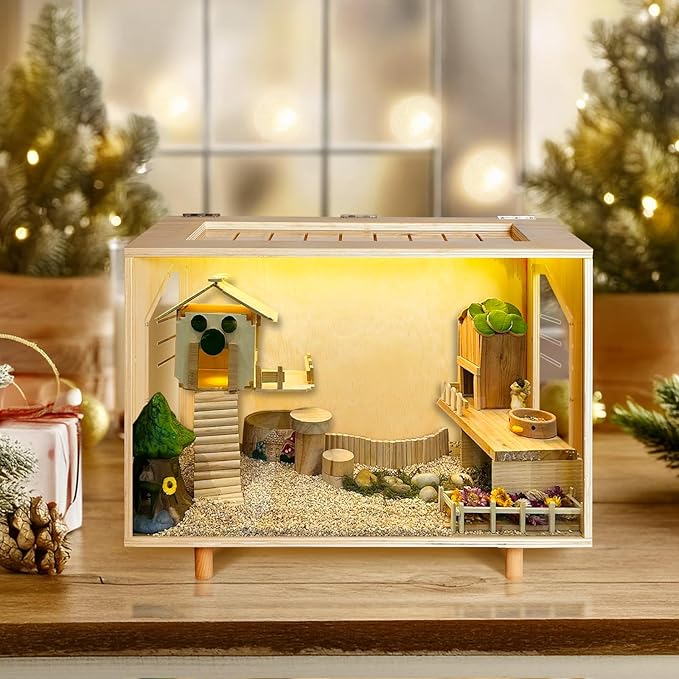 Wooden Hamster Cage - 24 inch Guinea Pig Cage Clear Small Animal cage with Open top Hamster Habitat Wooden Frame with Acrylic Panel