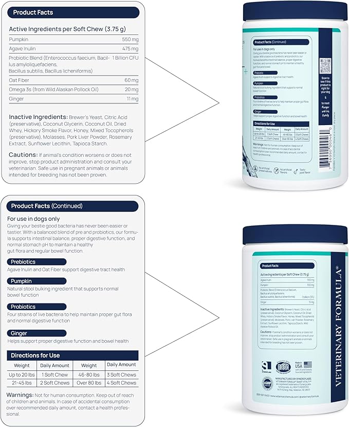 Veterinary Formula Gut Health Supplement for Dogs – Vet-Formulated Probiotic Chews with Digestive Enzymes & Fiber – Smart Vitality Supports Digestive Health, Gut Balance & Stool Quality, 60 Soft Chews