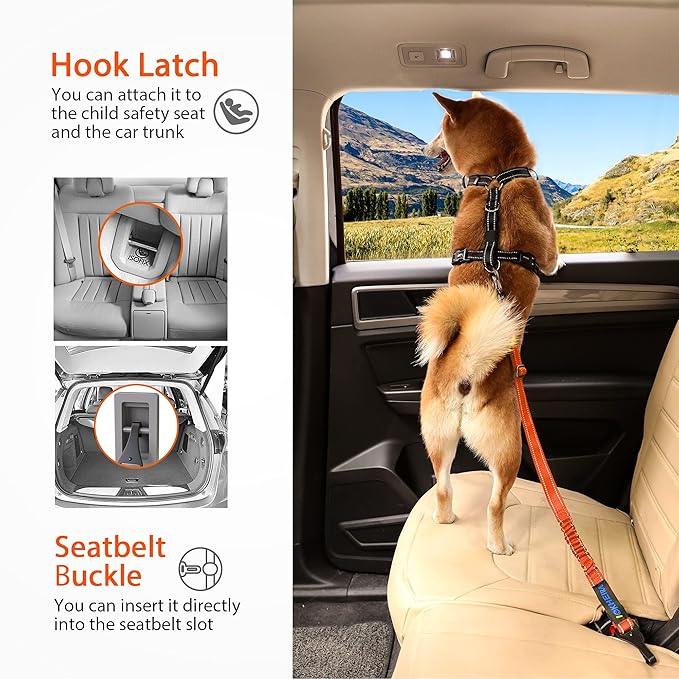 IOKHEIRA Orange Dog Seatbelt - Adjustable Reflective Bungee Harness with Aluminum Swivel Carabiner