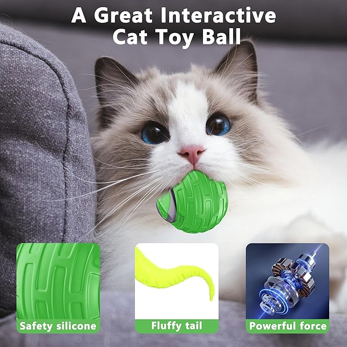 Cat Toys,Interactive Cat Toys Ball for Bored Indoor Cat,Automatic Rolling,Drop Resistant and Obstacle Avoidance,2 Modes Adjustment,Fluffy Tail and USB Type-C Rechargeable(Green)