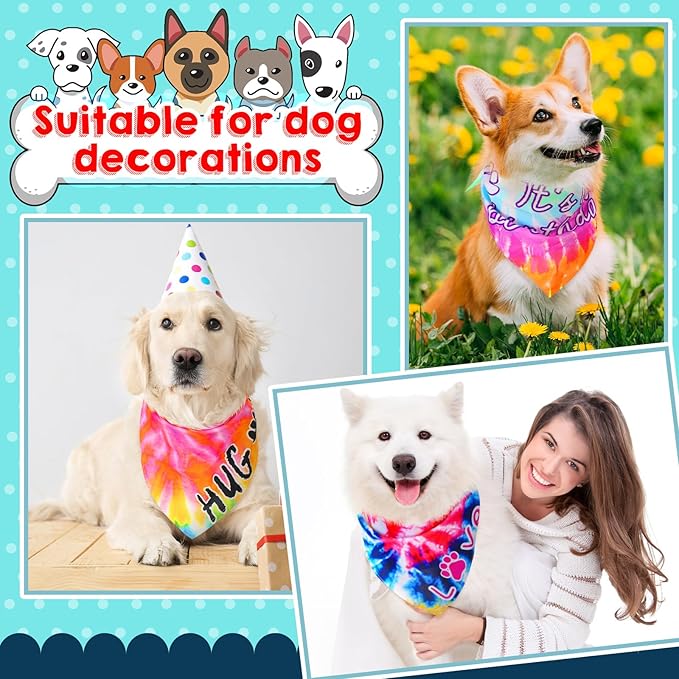 50 Pcs Tie Dye Dog Bandanas Bulk Pet Bibs Colorful Triangle Scarf Tie Dye with Sayings Pet Bandanas for Medium Large Dogs Spring Summer Birthday Costume Decor