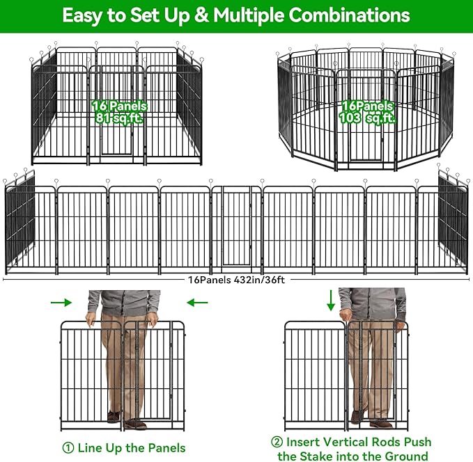 Dog Playpen Outdoor 16 Panels Heavy Duty Dog Fence 32" Height with Thick Pipe Anti-Rust with Doors Portable for RV Camping Yard, Total 36FT, 103 Sq.ft, Snowy Black