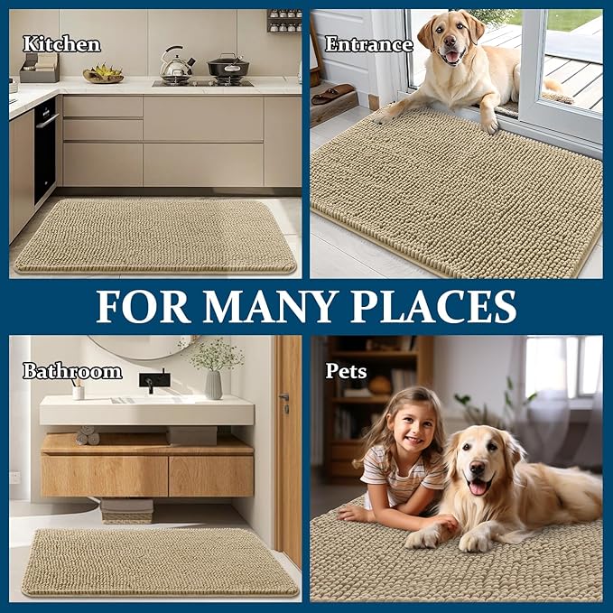OLANLY Dog Door Mat for Muddy Paws 36x24, Absorbs Moisture and Dirt, Absorbent Non-Slip Washable Doormat, Quick Dry Chenille Mud Mat for Dogs, Entry Indoor Entryway Carpet for Inside Floor, Beige