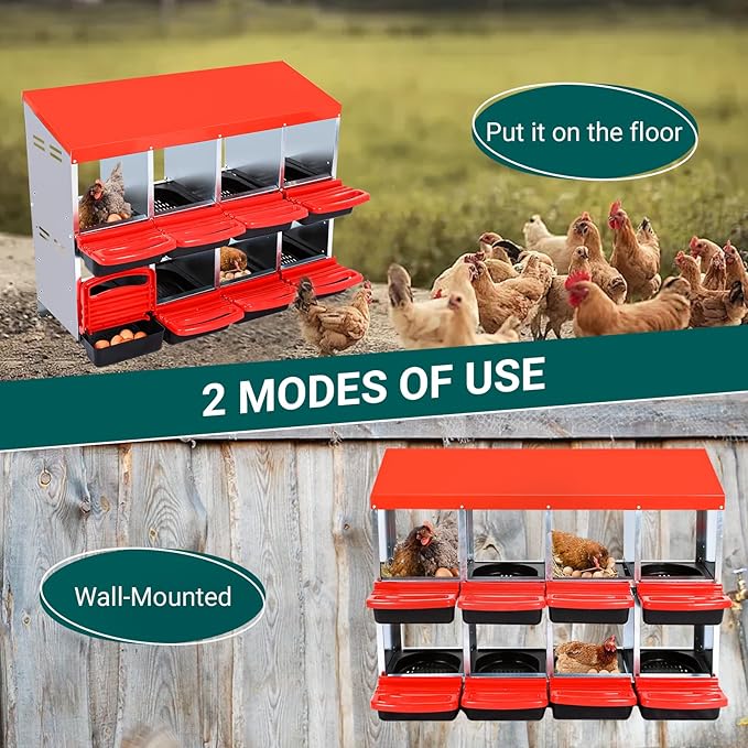 Nesting Boxes for Chickens, Chickens Laying Boxes for Chicken Coop, 8 Compartments Chicken Nesting Boxes, with Removable Tray, Easy Cleaning, for Hens Outdoor Chicken Coop Farm Yard, Red