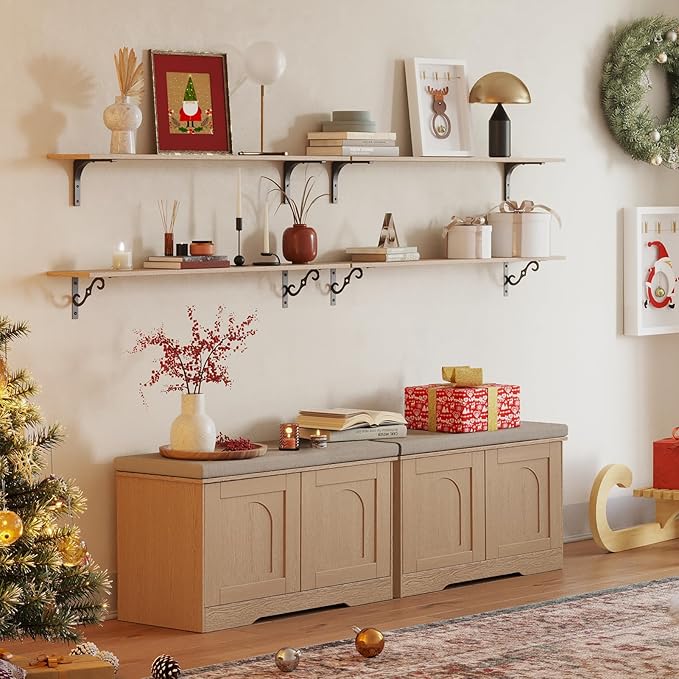 DINZI LVJ Shoe Bench, Entryway Storage Bench with Doors, Cushion, 2-Tier Shoe Rack with 6-Cubby, 31.5”L x 13.8”W Shoe Organizer Cabinet, Adjustable Shelf, Living Room, Bedroom, Natural