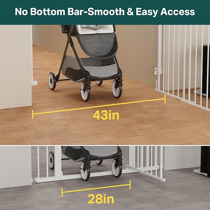 Cumbor 34" Extra Tall No Bottom Bar Baby Gate for Stairs, Auto Close Dog Gate Indoor for Larger Pets, 29.2-43" Hardware Mounted Safety Gate for Doorways, Wide Walk Thru Door for Easy Access (White)